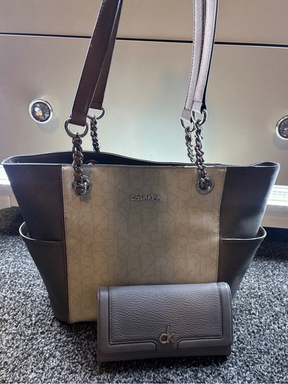 2010s Calvin Klein Beige and Brown Logo Tote with Matching Grey Wallet